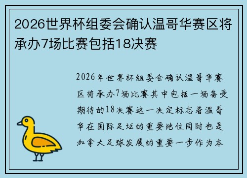 2026世界杯组委会确认温哥华赛区将承办7场比赛包括18决赛 2026世界杯组委会确认温哥华赛区将承办7场比赛包括18决赛