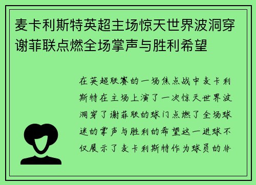 麦卡利斯特英超主场惊天世界波洞穿谢菲联点燃全场掌声与胜利希望